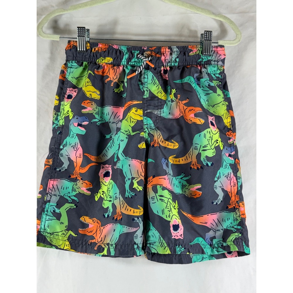 Cat & Jack Boys Neon Dinosaur Swim Trunks Gray T-Rex Board Shorts Size L 12/14